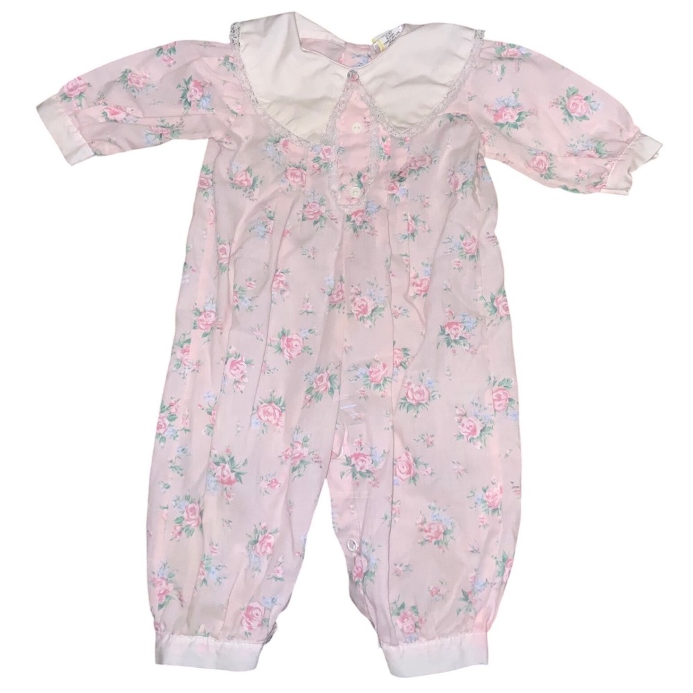Vintage Mayfair Baby Girl Floral Romper Pink Rose Lace Peter Pan Collar 80s 6/9M